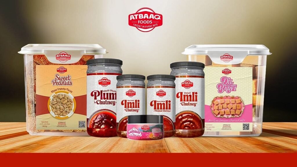 omplete brand identity design for Atbaaq Foods including logo, packaging, and social media visuals